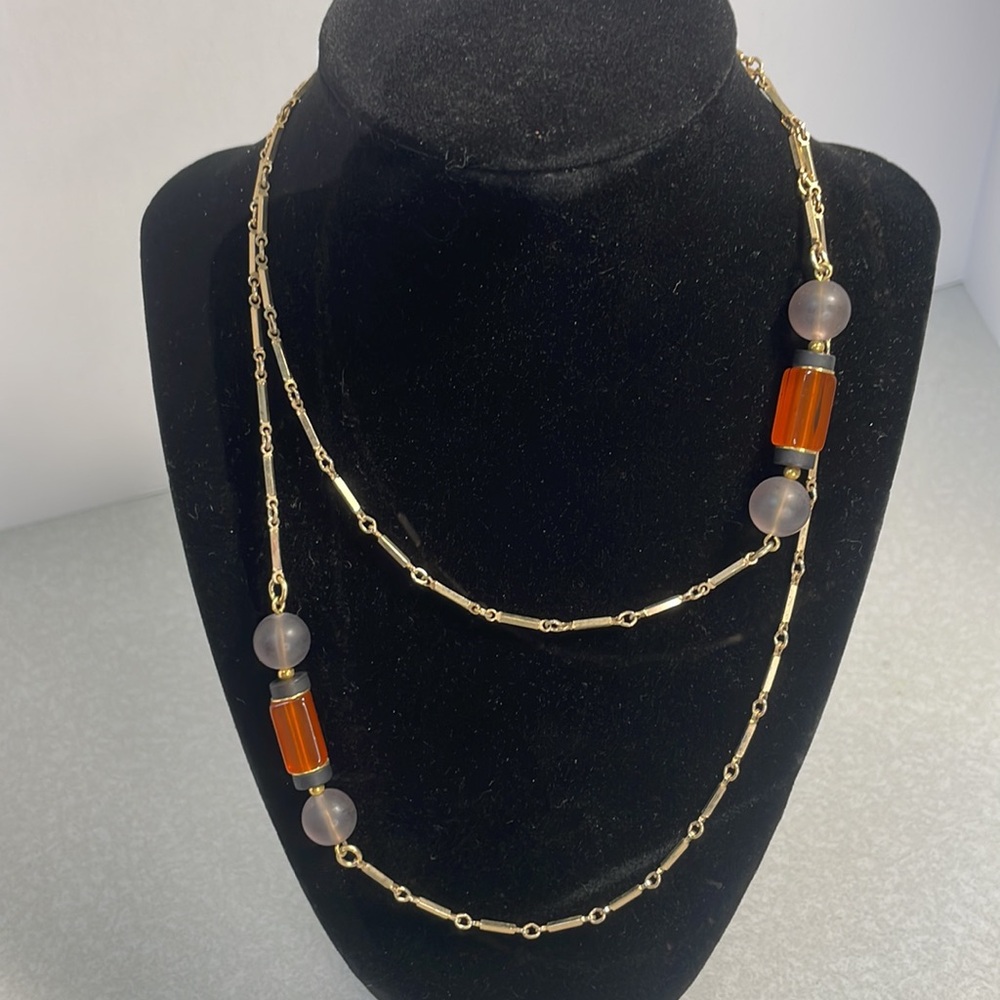 Vintage Sarah Coventry Gold tone with Orange & Grey Beads Necklace